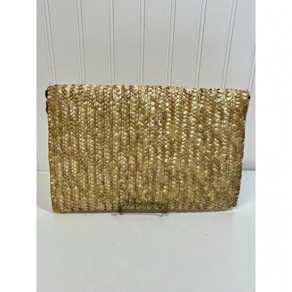 Shiraleah Straw Envelope Clutch Purse W/ Black Trim. Leopard Lining Snap Closure